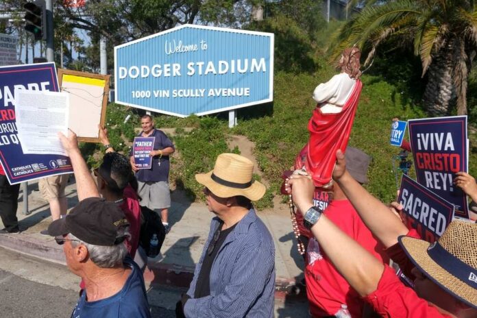 Catholic,And,Christian,Protest,Outside,Dodger,Stadium,As,The,Team