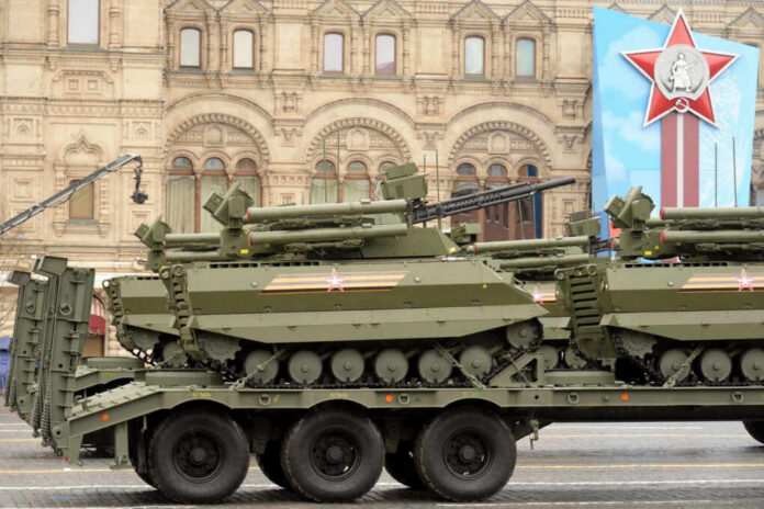 Armored military vehicles on display during a parade in Moscow
