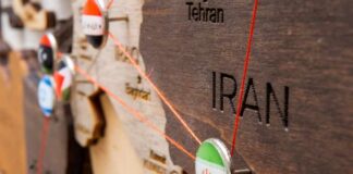 Close-up of a wooden map highlighting Iran with travel pins and red strings