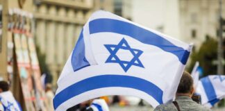 Person holding an Israeli flag at a public demonstration