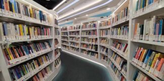 Interior view of a modern library with bookshelves filled with colorful books