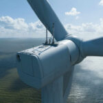 Close-up view of a wind turbine with a blue sky and ocean in the background