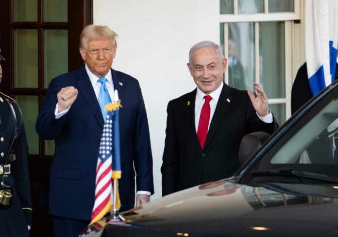 Two political leaders standing outside the White House, one raising a fist and the other waving