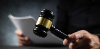 A gavel held above a sounding block with a person reading documents in the background