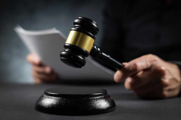 A gavel held above a sounding block with a person reading documents in the background