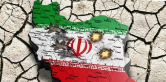 Map of Iran with military jets and explosions depicted