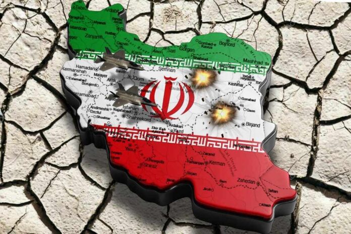 Map of Iran with military jets and explosions depicted