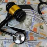 A gavel and stethoscope placed on a background of hundred-dollar bills