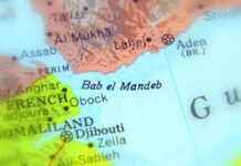 Chokepoint Crisis: Iran Targets Second Strait Close-up of a geographical map highlighting Bab el Mandeb and surrounding regions