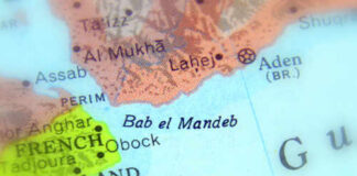 Close-up of a geographical map highlighting Bab el Mandeb and surrounding regions