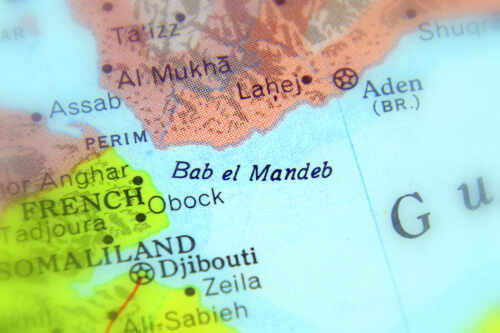 shutterstock_1444235684.jpg Close-up of a geographical map highlighting Bab el Mandeb and surrounding regions