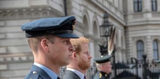 Members of the royal family in military uniforms and formal attire during a ceremony