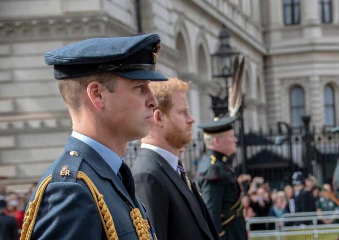 Members of the royal family in military uniforms and formal attire during a ceremony