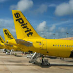 Multiple yellow Spirit Airlines planes parked at an airport