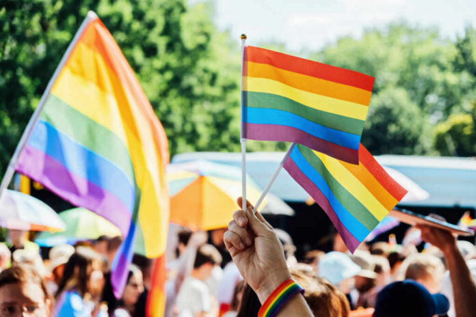 A hand holding rainbow flags at a pride event with a crowd in the background