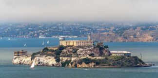 View of Alcatraz Island with sailboats in the foreground