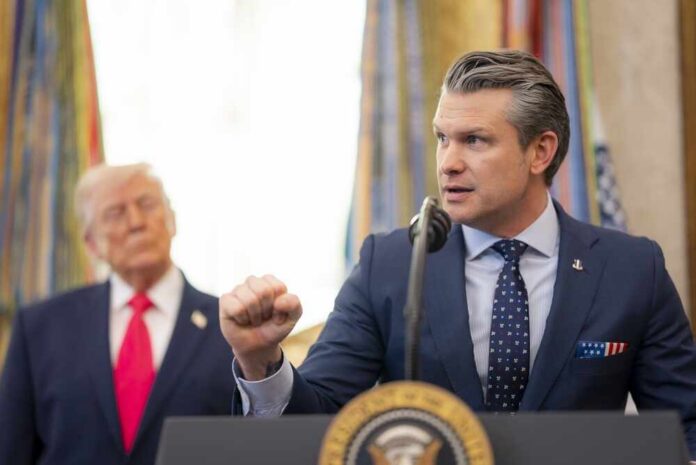 A government official delivering a speech at a podium with a presidential seal
