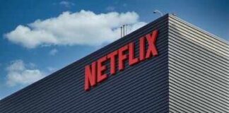Close-up of the Netflix logo on a modern building