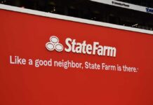 State Farm advertisement with slogan on a red background