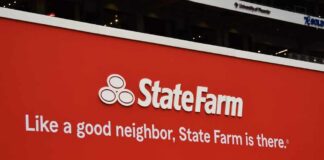 State Farm advertisement with slogan on a red background