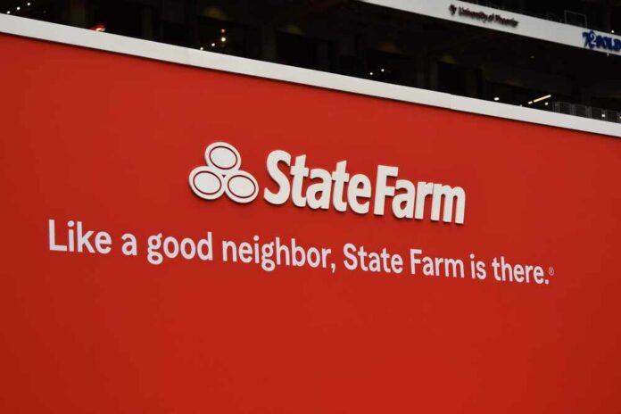 State Farm advertisement with slogan on a red background