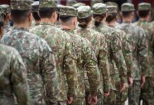Line of soldiers in camouflage uniforms standing in formation