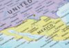 Map showing the border between the United States and Mexico with location pins