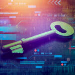 A metallic key on a digital background with binary code and abstract graphics
