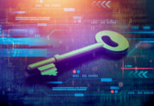A metallic key on a digital background with binary code and abstract graphics