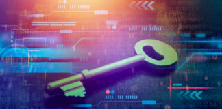 A metallic key on a digital background with binary code and abstract graphics
