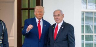 Donald Trump and Benjamin Netanyahu standing together at the White House