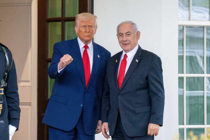 Donald Trump and Benjamin Netanyahu standing together at the White House