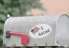 A metal mailbox with an I Voted sticker and an American flag design