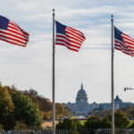 Media Meltdown Over Trump’s Patriotic Spectacle Three American flags waving in front of the Capitol building in Washington D.C.