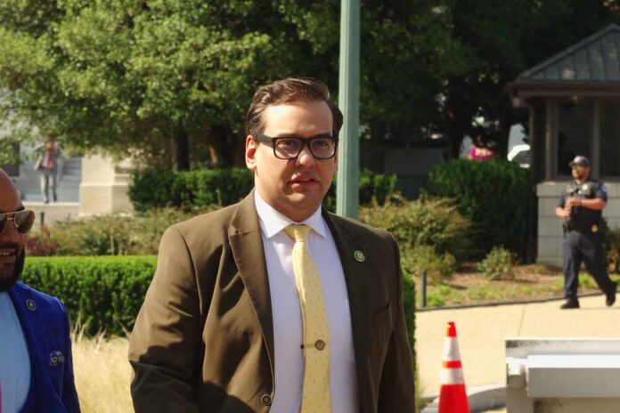 A government official at a press briefing in front of the American flag
