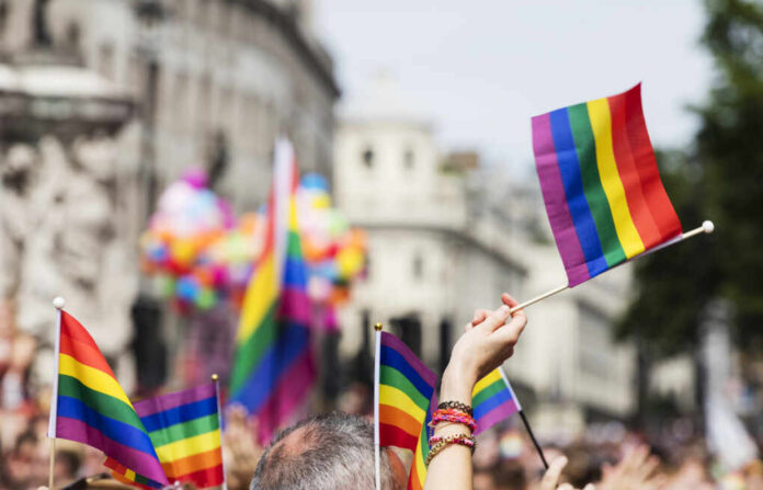Crowd holding rainbow flags at a Pride parade