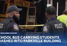 School bus carrying Maryland School for the Blind students crashes into Parkville building