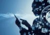 silhouette using a smartphone with digital network and globe overlays