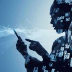 silhouette using a smartphone with digital network and globe overlays