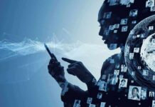 Wall-Penetrating 6G Sparks Privacy Panic silhouette using a smartphone with digital network and globe overlays