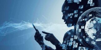 silhouette using a smartphone with digital network and globe overlays