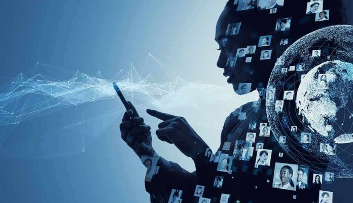 silhouette using a smartphone with digital network and globe overlays