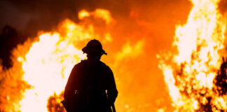 Horrific Orphanage Inferno Near Algiers Silhouette of a firefighter standing in front of a large wildfire