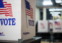 Power Grab Or Fix? Election Board Gutted Voting booths with American flags in a polling station