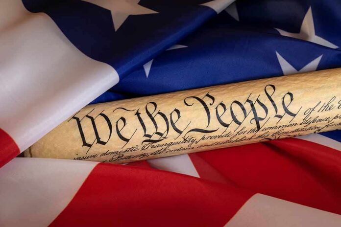 United States Constitution scroll on American flag