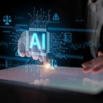 Brainpower Drops — Thanks, AI A hand interacting with a digital interface displaying AI technology