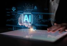 Brainpower Drops — Thanks, AI A hand interacting with a digital interface displaying AI technology