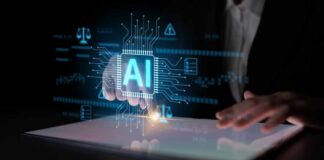 Brainpower Drops — Thanks, AI A hand interacting with a digital interface displaying AI technology