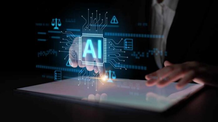 A hand interacting with a digital interface displaying AI technology