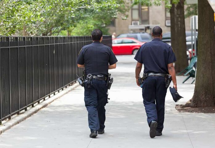 Two police officers walking on a city sidewalk